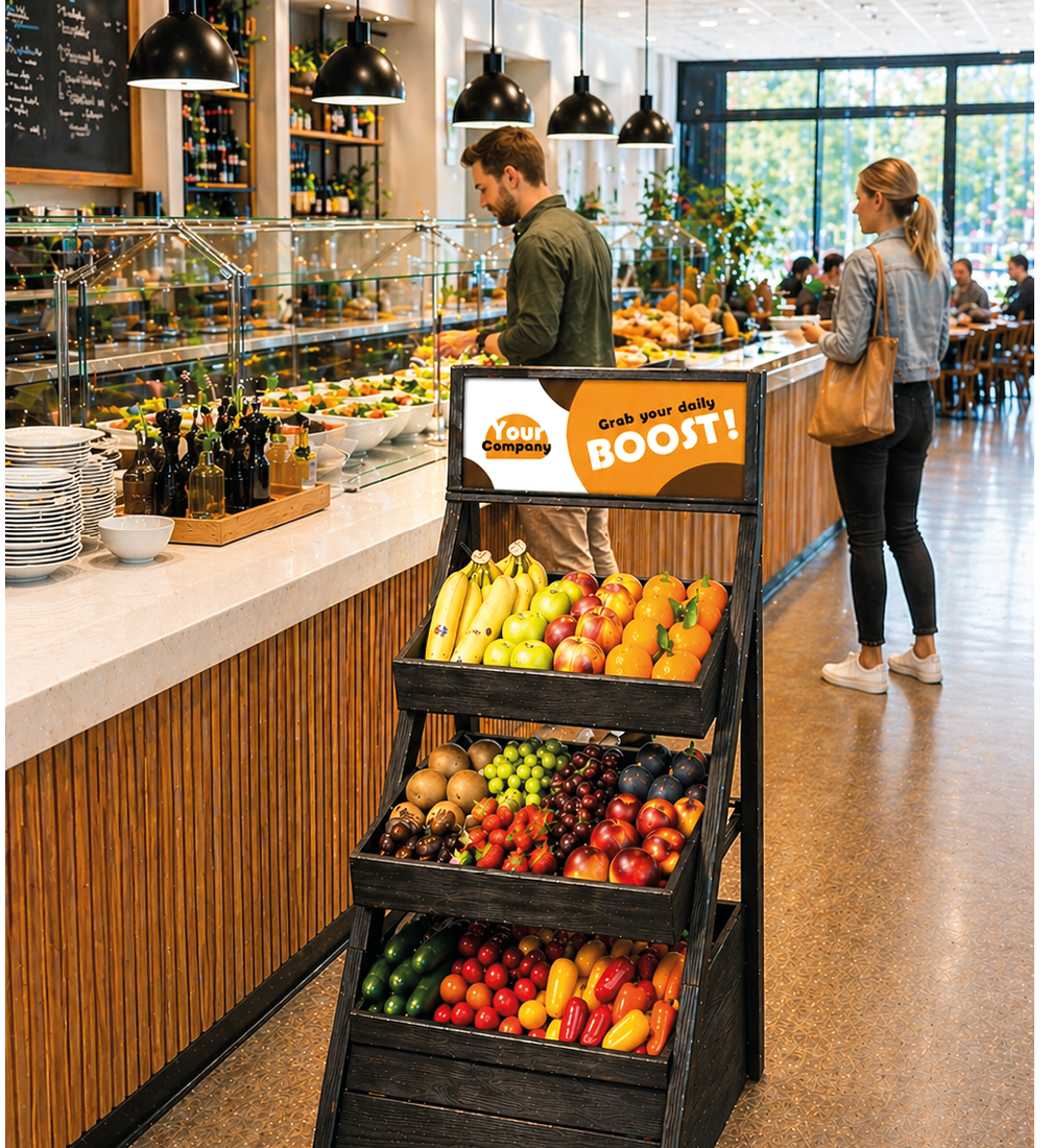 A man and woman are standing in a grocery store, looking at the produce section. The man is wearing a green shirt and the woman is carrying a brown purse. The produce section features a variety of fruits, including bananas, apples, and oranges. The fruits are displayed on a wooden table and in a fruit stand, with some of the fruits placed in a wooden crate. AI generated content