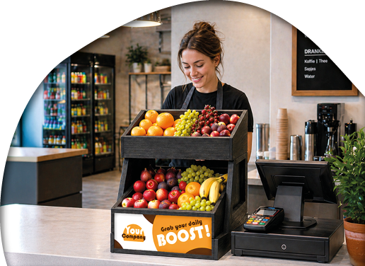 A woman is standing behind a counter with a box of fruit in front of her. AI generated content
