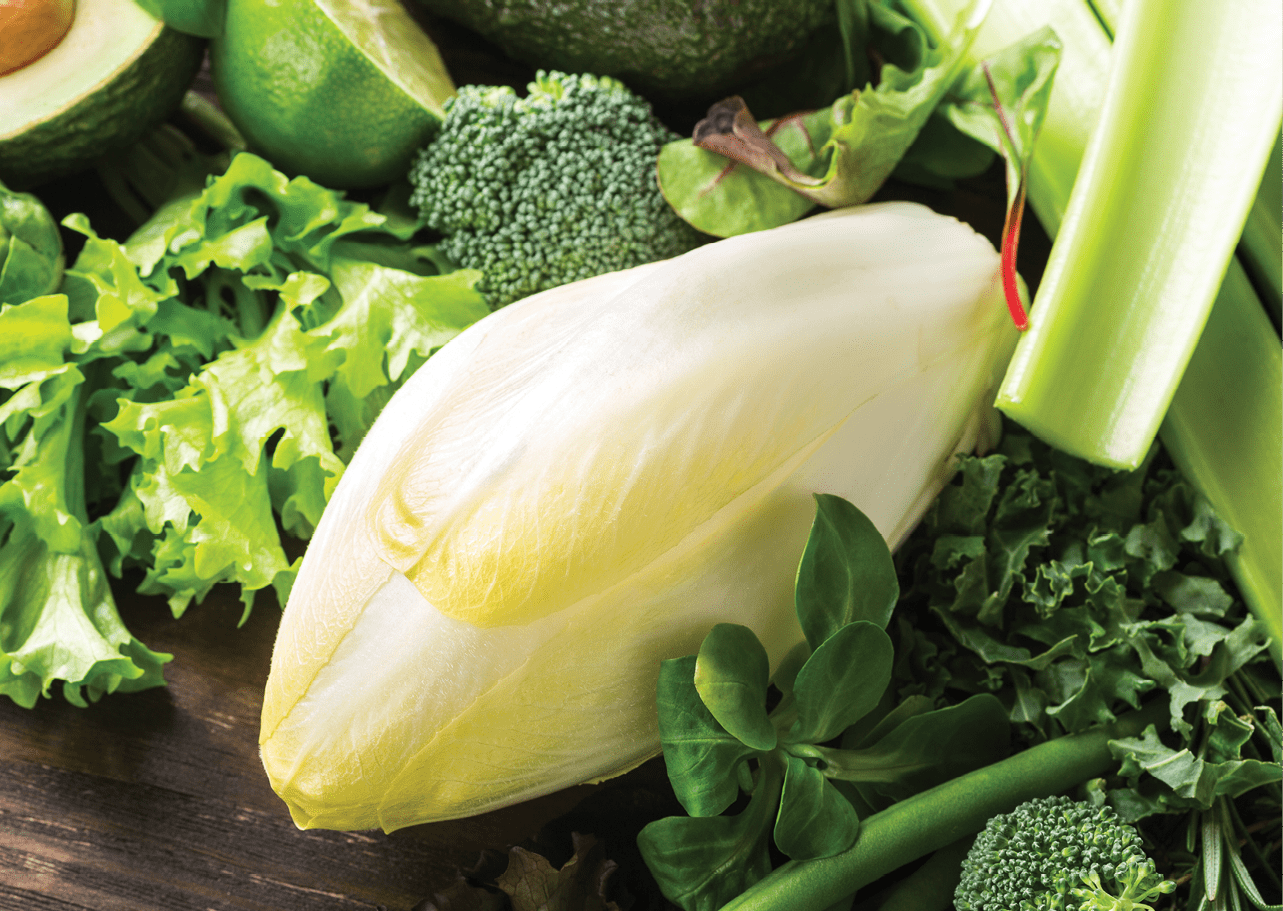 White endive with assorted green vegetables on wooden table top. Healthy food concept with copy space.
