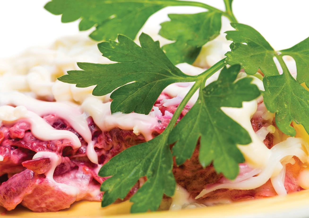 Russian herring salad with mayonnaise and beetroot. Served with fresh parsley. Macro. Photo can be used as a whole background.