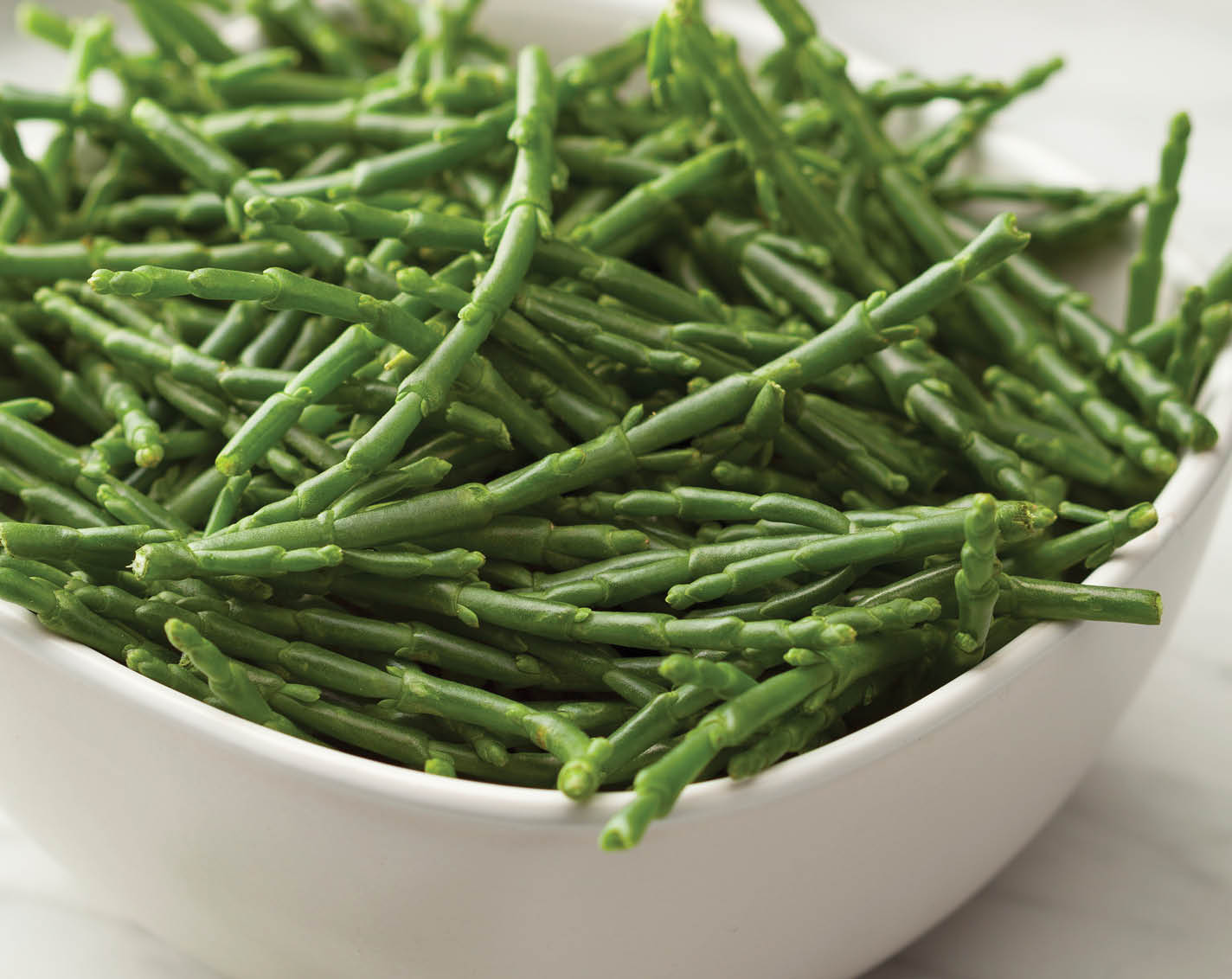  Fresh raw green samphire in a bowl with fresh fish in the background
