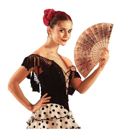 Flamenco dancer. Spain woman gypsy with red rose and spanish hand fan posing and dancing at studio. Passionate spanish temperament and passion in dance. Human emotions concept