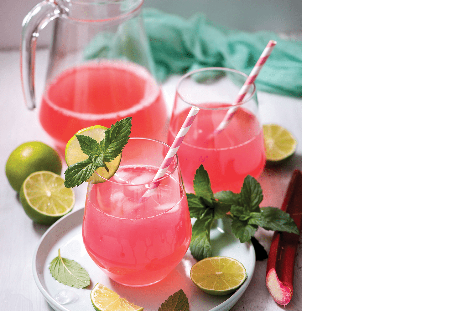 Refreshing summer rhubarb lemonade drink with lime and mint