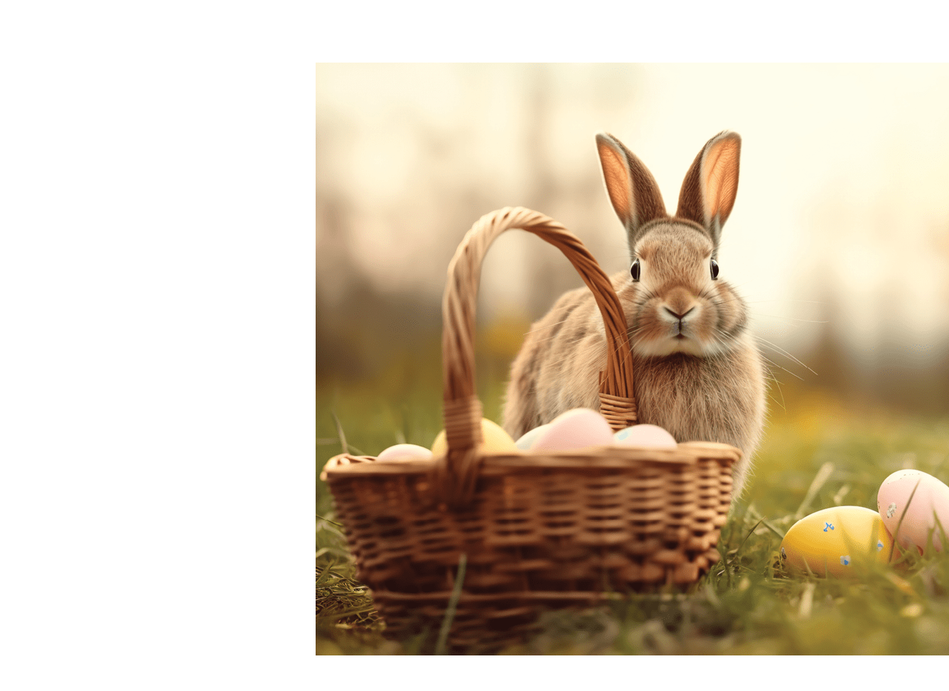 Easter bunny and Easter eggs on green grass field.