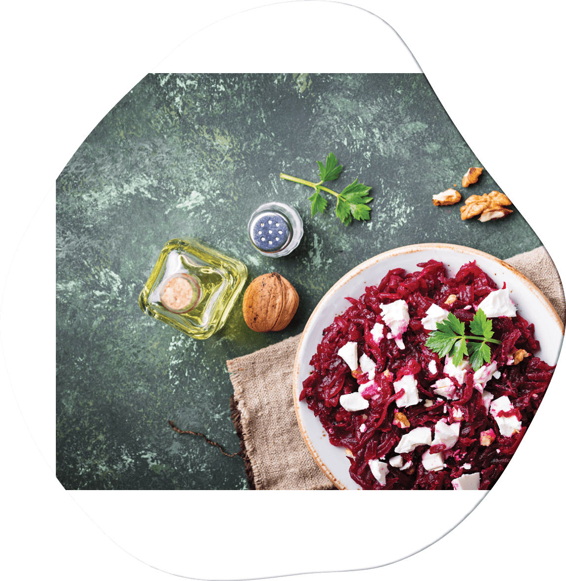 Healthy beetroot salad with feta and walnuts. Selective focus