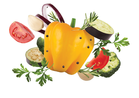 Set of raw organic vegetables and greens over blue background, fresh ingredients for healthy food flying in the air, panorama. Summer diet, nutrition, vitamins and minerals in food concept
