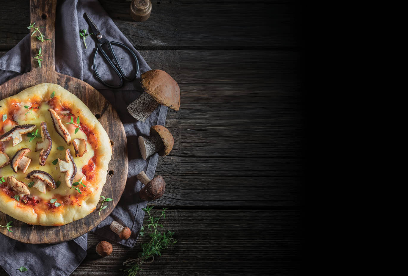 Yummy rustic pizza made of wild mushrooms and herbs