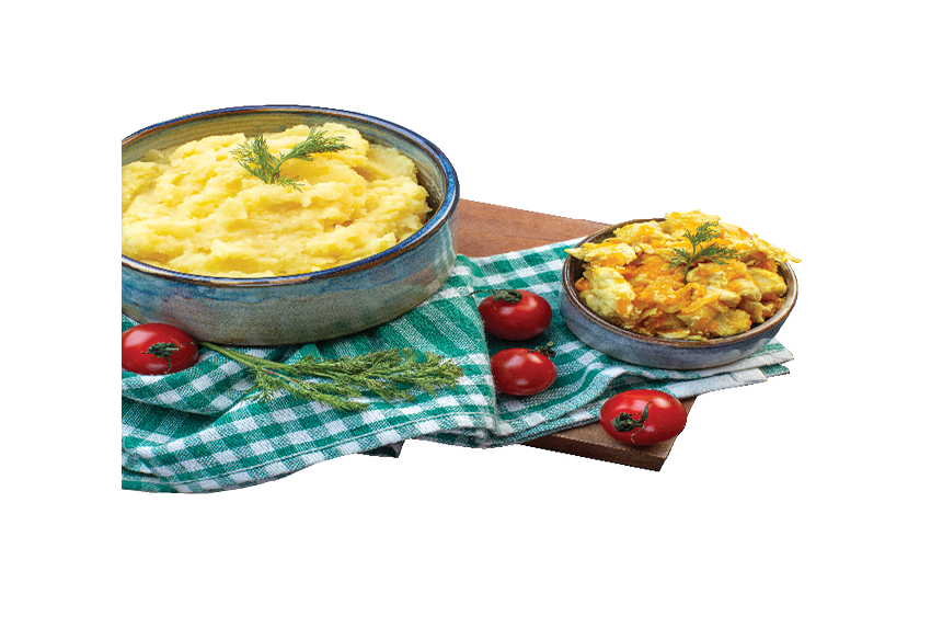 Front view of mashed potatoes served with dill and delicious dish fresh tomatoes on green stripped towel on wooden board on dark color background with free space