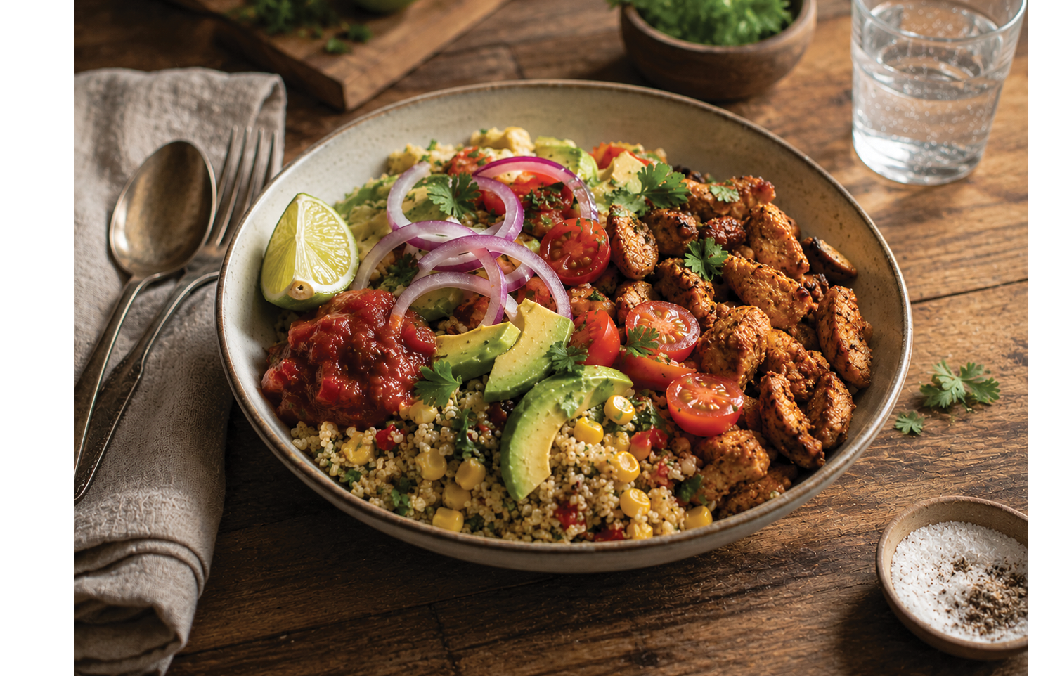 A bowl of food with a spoon on the table. Description generated by AI
