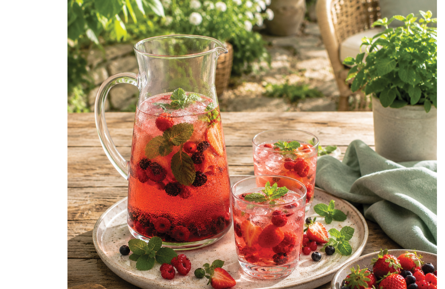 A pitcher of strawberry juice and two glasses of strawberry juice on a table. Description generated by AI