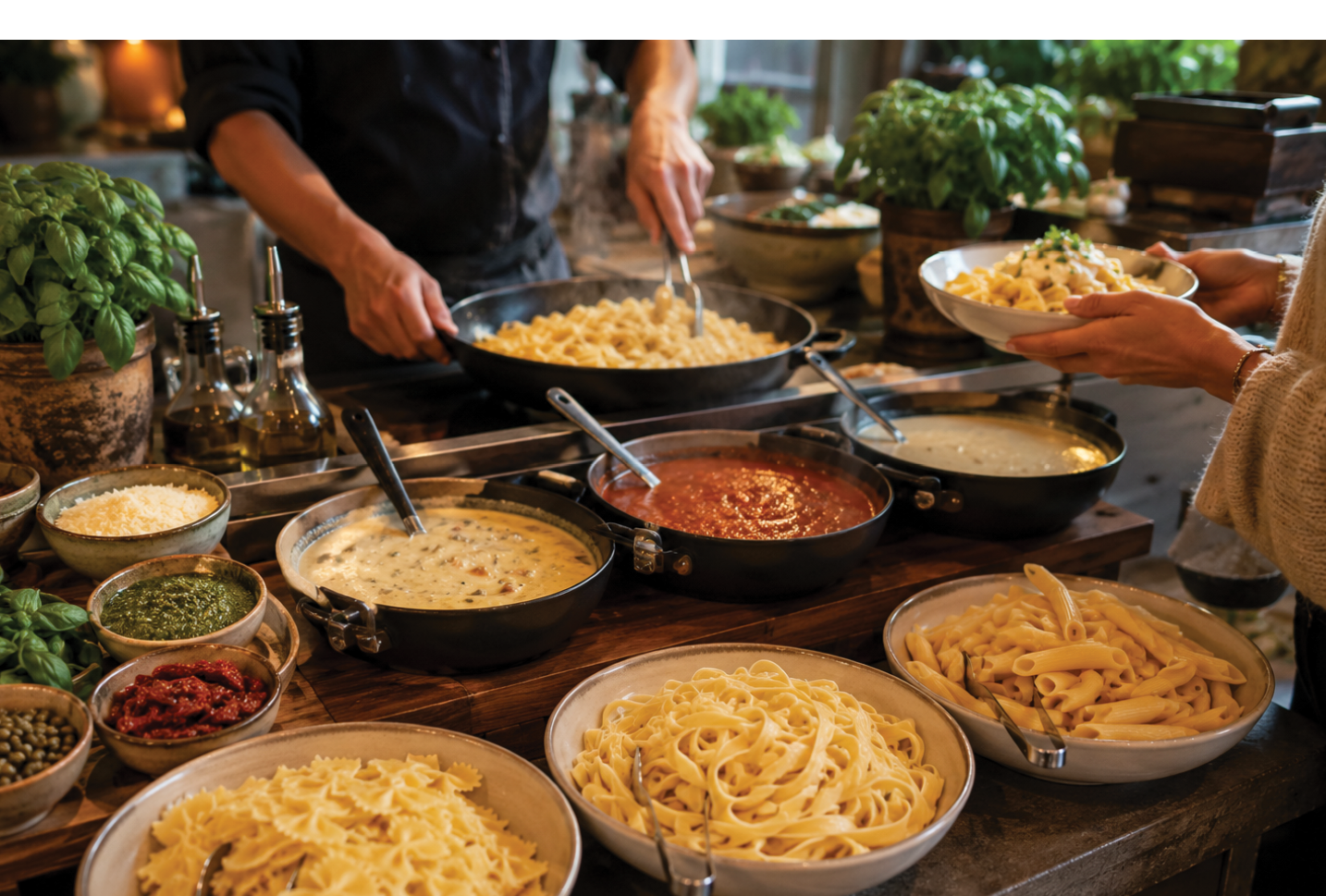 A table full of bowls of pasta. Description generated by AI