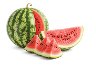 A slice of watermelon is cut in half and placed on a table. Description generated by AI