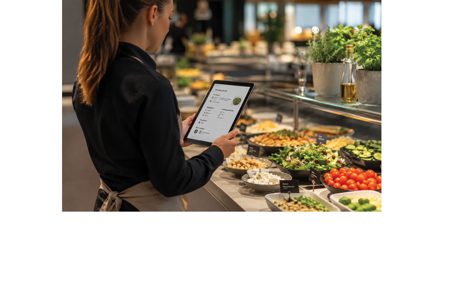 A woman is holding a tablet with a list of food items on it. Description generated by AI