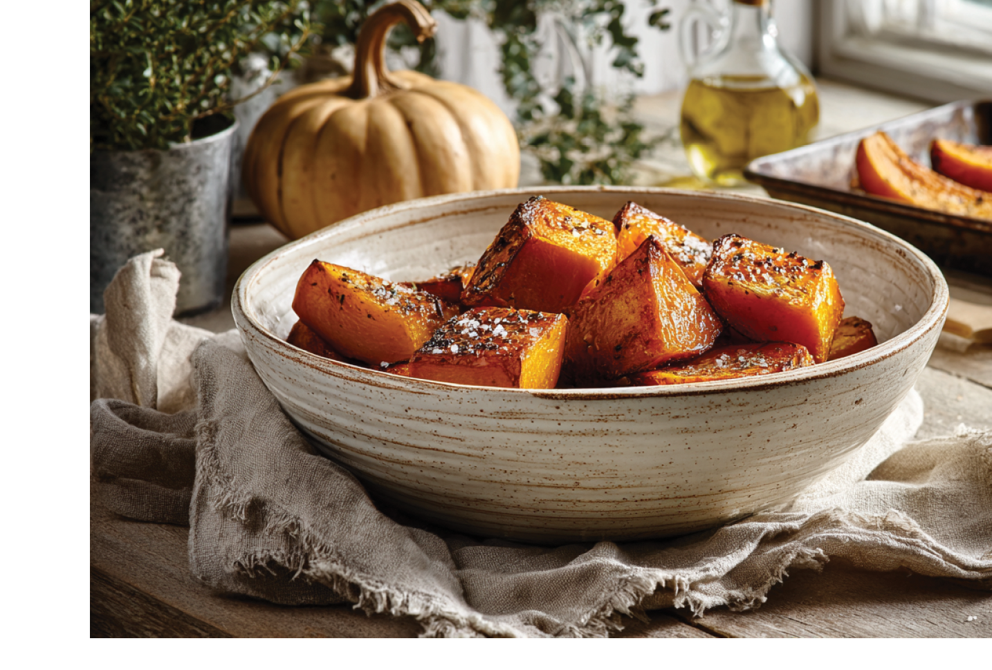 A bowl of sliced pumpkin with spices on a table. Description generated by AI