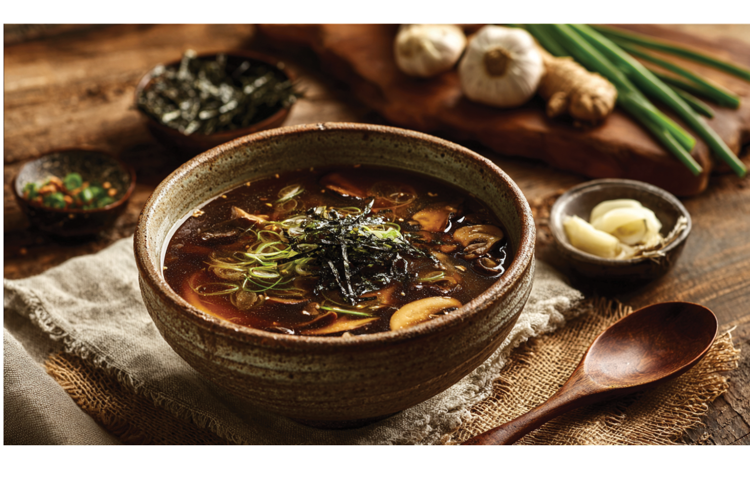 A bowl of soup with vegetables and herbs. Description generated by AI