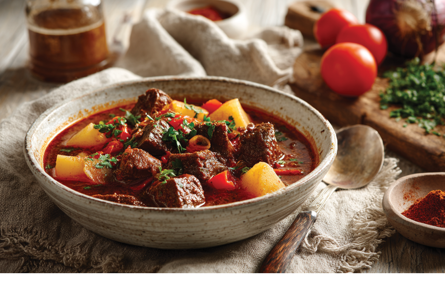 A bowl of meat and vegetables with a spoon in it. Description generated by AI