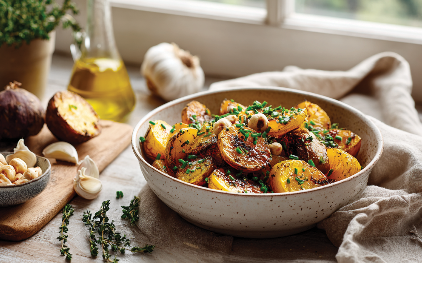A bowl of food with herbs on a table. Description generated by AI