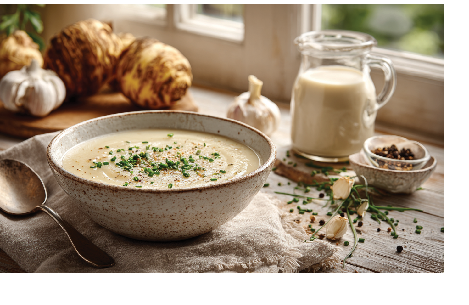 A bowl of soup with herbs on top. Description generated by AI