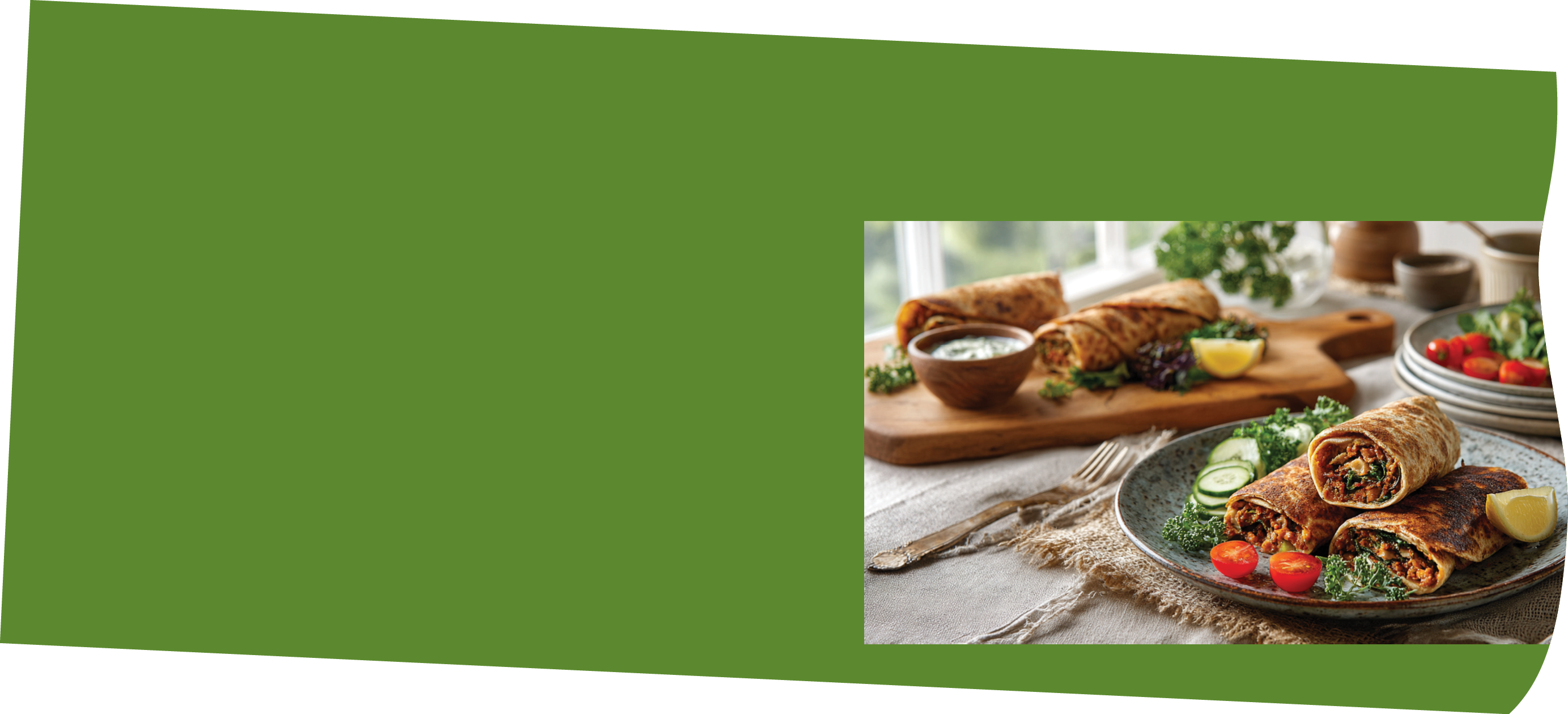 A plate of food with a wrap and a bowl of sauce. Description generated by AI