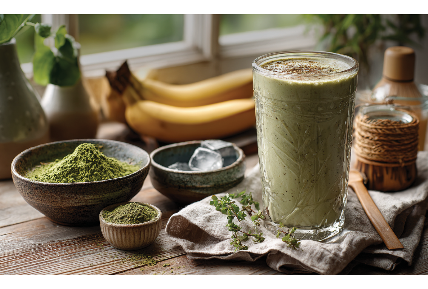 A glass of green smoothie with a banana on the table. Description generated by AI