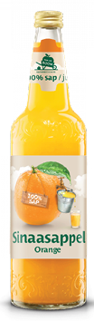 A bottle of orange juice with a label that says Sinasappel. Description generated by AI