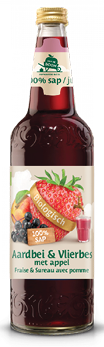 A bottle of fruit juice with a label that says 100% sap. Description generated by AI