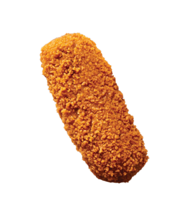 A piece of breaded meat on a white background. Description generated by AI