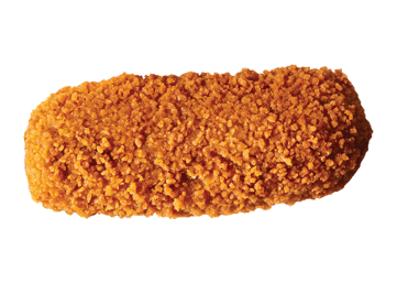 A piece of breaded meat on a white background. Description generated by AI