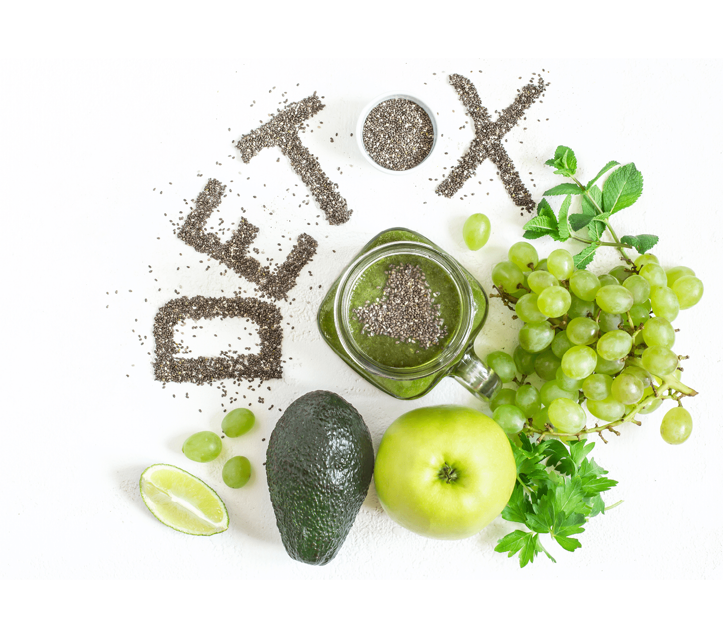 Word detox is made from chia seeds. Green smoothies and ingredients. Concept of diet, cleansing the body, healthy eating.