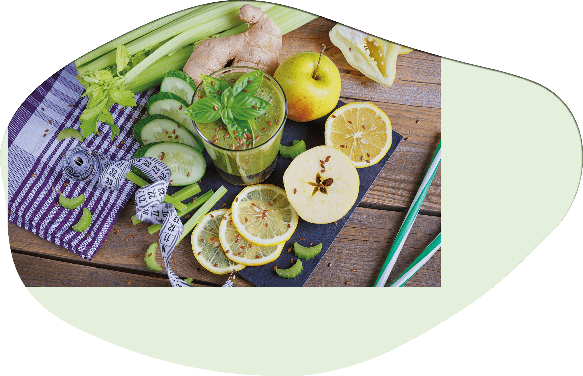 Fruit and vegetables smoothie on wooden background. Healthy breakfast.