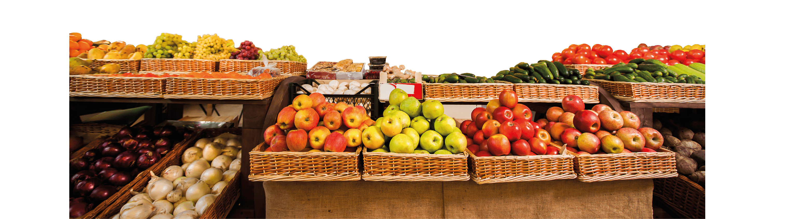 Counters with fresh fruits and vegetables. Greengrocery on the background. Organic food.