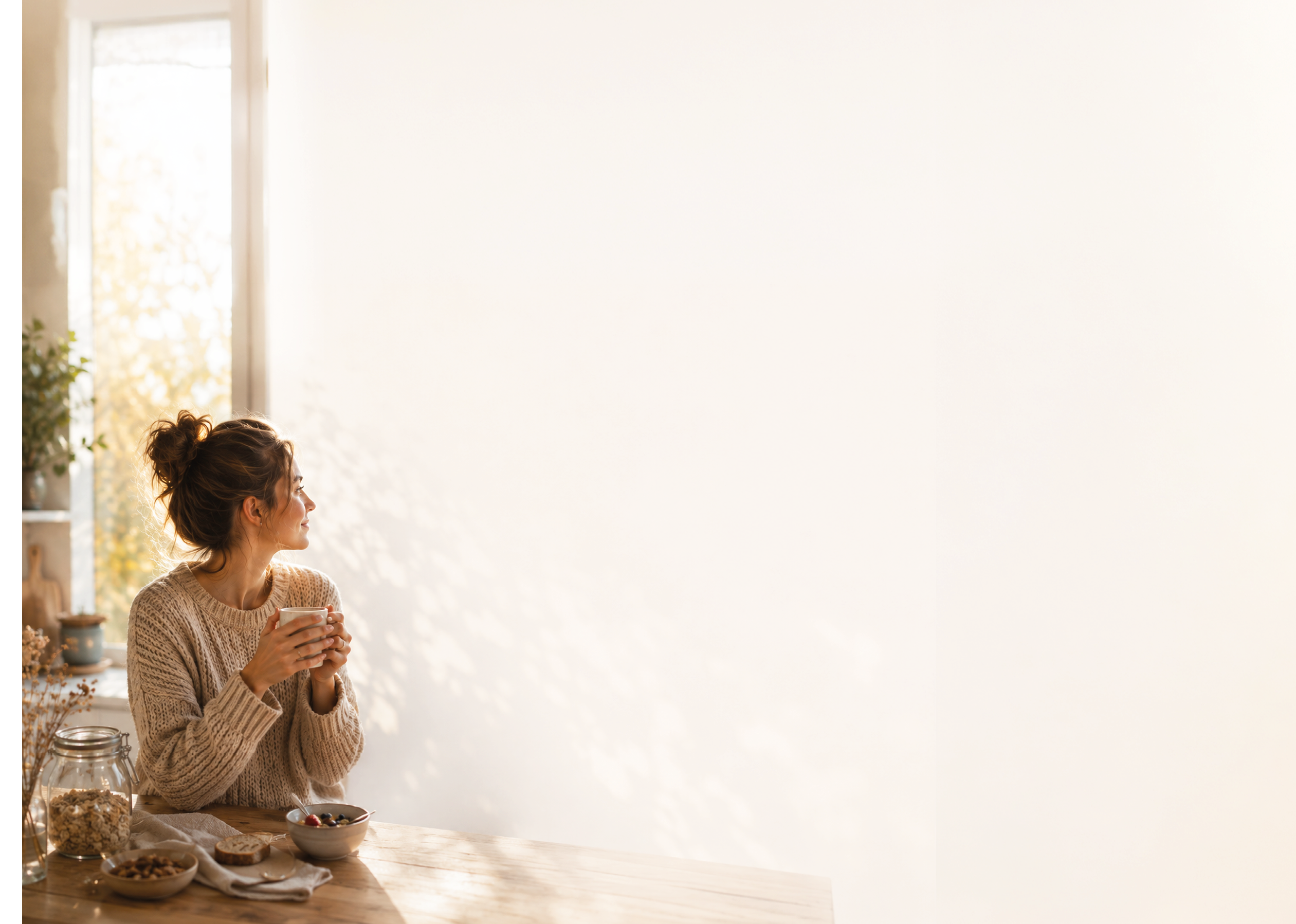 A person with a bun hairstyle wearing a cozy sweater is sitting at a wooden table near a window, holding a cup and looking outside with sunlight streaming in. Description generated by AI