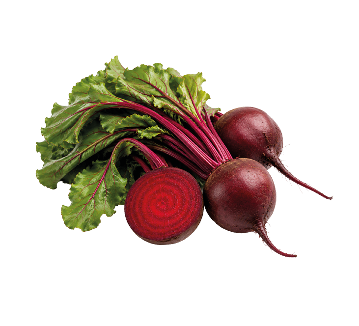 Three whole beets with leafy green tops and one beet cut in half showing its deep red interior are arranged on a white background. Description generated by AI
