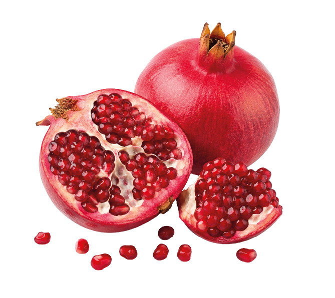 A whole pomegranate, a halved pomegranate showing red seeds, a small section of pomegranate, and scattered seeds are displayed on a white background. Description generated by AI