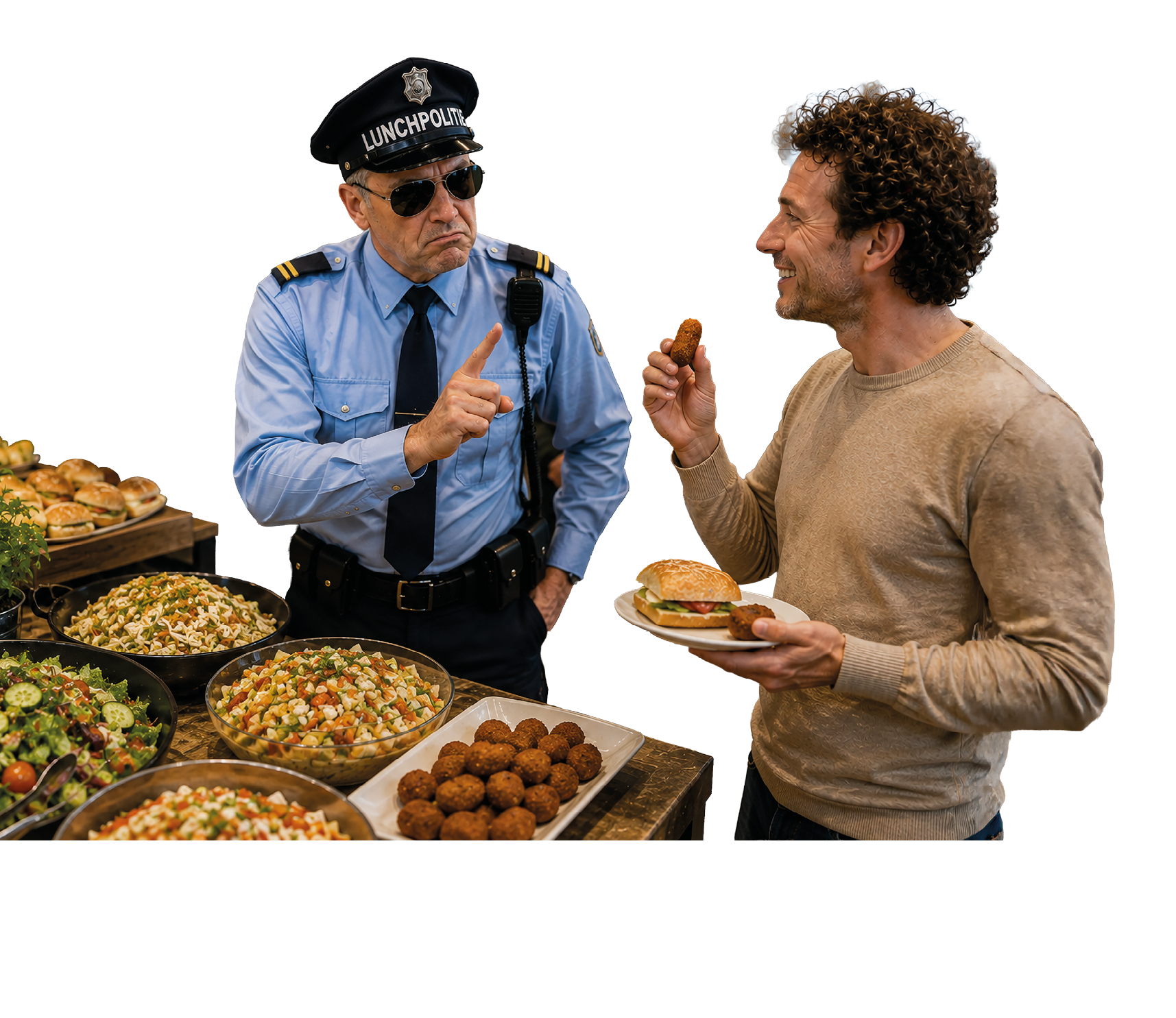 A person in a police-style uniform labeled “LUNCHPOLICE" is gesturing with a finger while another person holding a plate with a sandwich and a fried snack smiles and looks at them near a table filled with various dishes. Description generated by AI