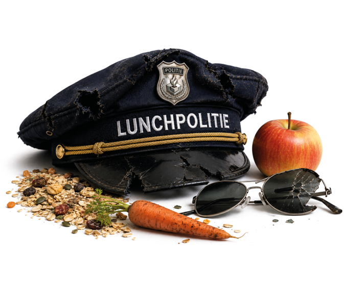 A navy blue police-style hat labeled “LUNCHPOLITIE" is placed next to a carrot, an apple, sunglasses, and a small pile of mixed grains and dried fruit on a white background. Description generated by AI