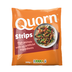 A package of Quorn Strips labeled as high protein with no artificial ingredients and showing a bowl of cooked strips with vegetables and rice. Description generated by AI