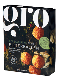 A black package labeled “gro" contains vegetarian oven-baked bitterballen with an image of four crispy round snacks and mushrooms on the front. Description generated by AI