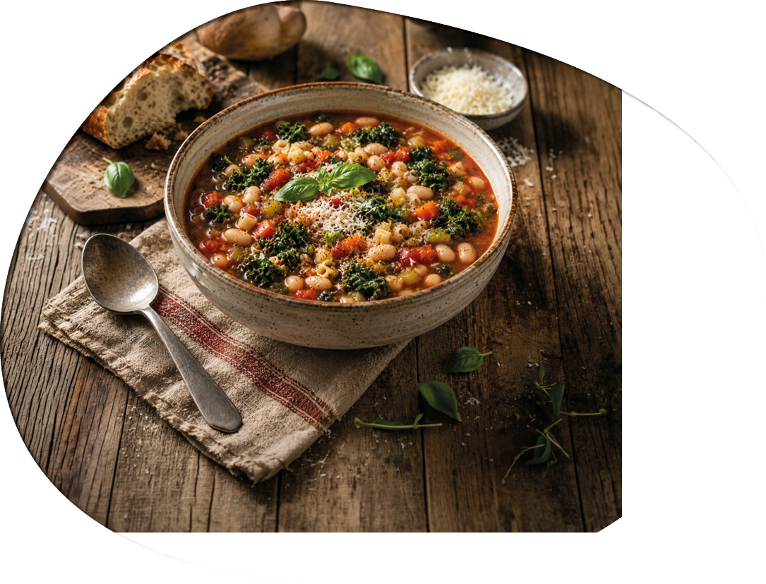 A rustic bowl of vegetable and bean soup garnished with fresh basil and grated cheese sits on a wooden table next to a spoon, a cloth napkin, sliced bread, and scattered basil leaves. Description generated by AI