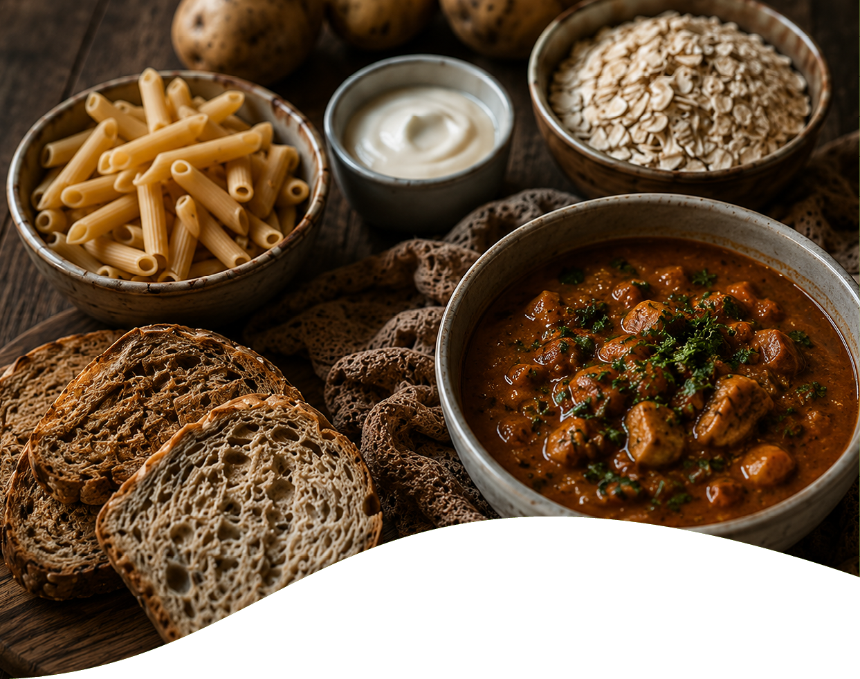 A rustic wooden table holds bowls of uncooked pasta, oats, sour cream, a bowl of hearty stew garnished with herbs, and slices of whole grain bread. Description generated by AI