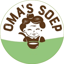 A vintage-style logo with the text “OMA'S SOEP" above a smiling person with curly hair holding a ladle and bowl, set against a white and green background. Description generated by AI