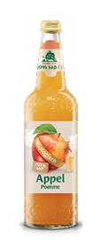 A glass bottle of organic apple juice with a label featuring an apple, a leaf, and a small glass of juice. Description generated by AI