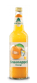 A glass bottle filled with orange juice labeled “Sinaasappel Orange" with an illustration of an orange, a bucket, and a glass of juice on the front. Description generated by AI