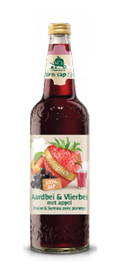 A glass bottle with a gold cap containing a dark red liquid and a label featuring strawberries, blackcurrants, and apples with text in Dutch and French indicating it is a 100% fruit juice blend of strawberry, blackcurrant, and apple. Description generated by AI