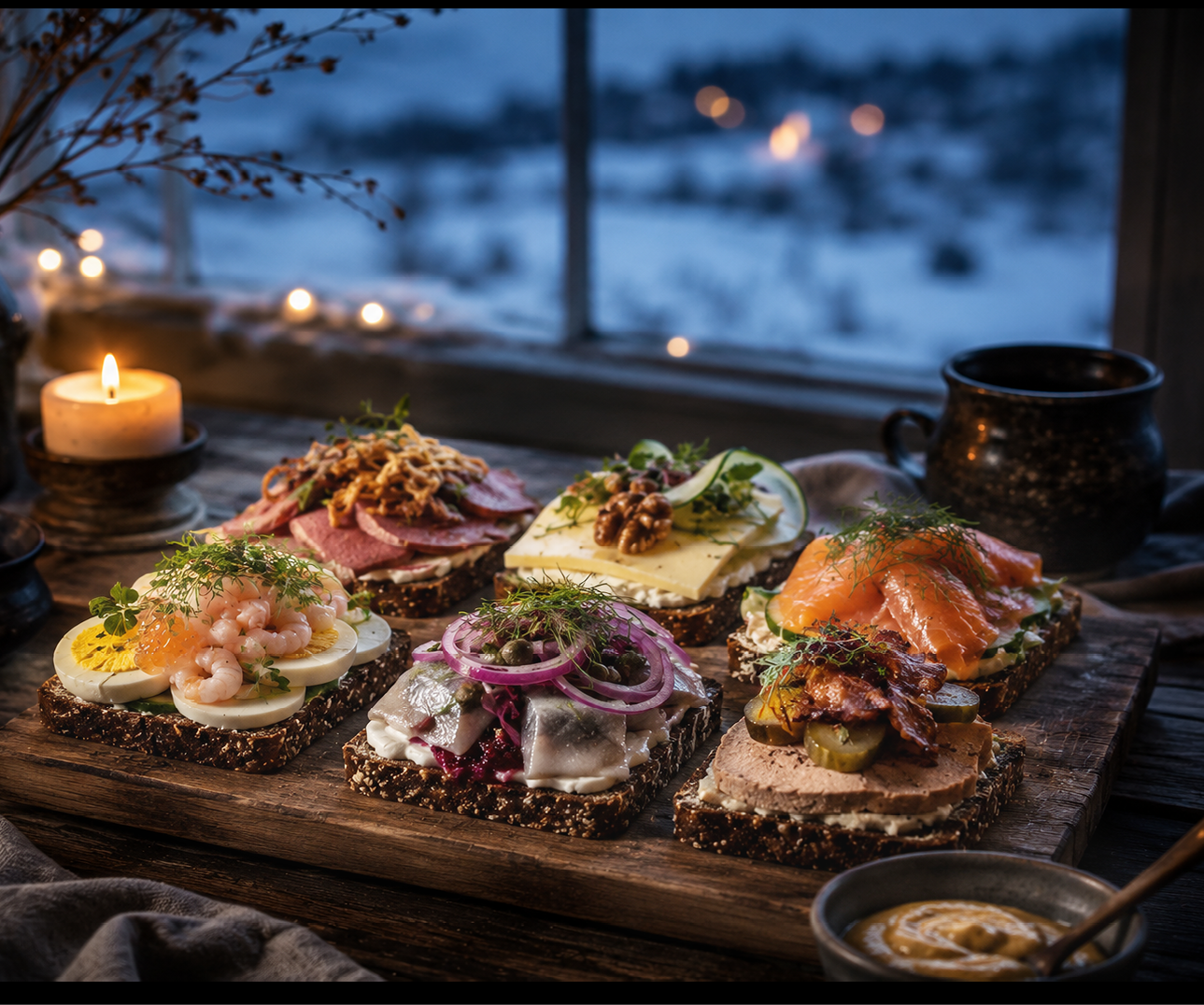 A wooden board holds six open-faced sandwiches topped with various ingredients including shrimp, sliced meats, cheese, smoked salmon, and garnishes, set on a table near a window with a lit candle and a dark mug in a cozy, dimly lit room. Description generated by AI