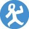 A stylized white figure with an open head and muscular arm is shown in a dynamic running pose against a black background. Description generated by AI