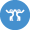 Two stylized white figures with raised arms face each other on a black background. Description generated by AI