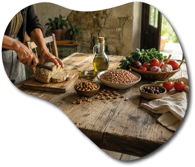 A person is slicing bread on a rustic wooden table surrounded by bowls of beans, nuts, olives, fresh vegetables, and a bottle of olive oil in a cozy kitchen setting. Description generated by AI