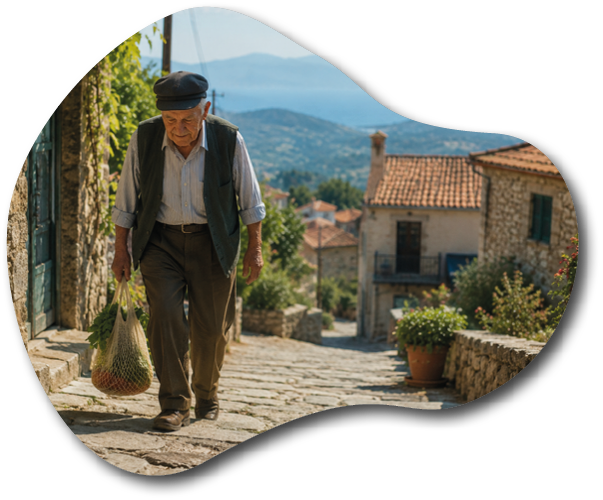 A senior wearing a cap and vest walks up a stone-paved street in a village carrying a net bag with groceries, with rustic houses and mountains in the background. Description generated by AI