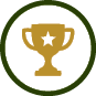 A gold trophy with a star in the center is enclosed within a dark green circular border on a white background. Description generated by AI